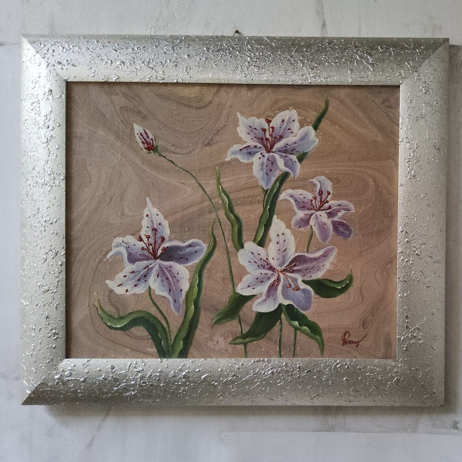 QUADRO CON fiori dipinto su tela DECORATO CON BRILLANTINI CORNICE ARGENTO  67x77CM, Morana Arte